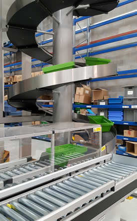 Totes climb the innovative spiral conveyor to the robot picking area