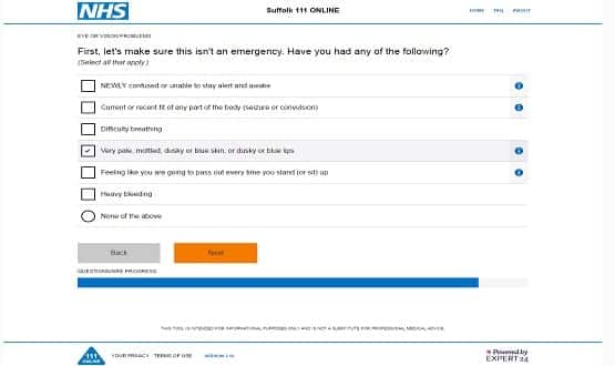 Screenshot from Suffolk's NHS 111 Online website