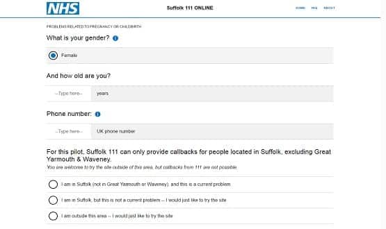 Screenshot from Suffolk's NHS 111 Online