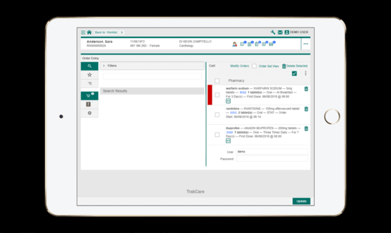 An iPad displaying a mobile version of the TrakCare EPR by InterSystems