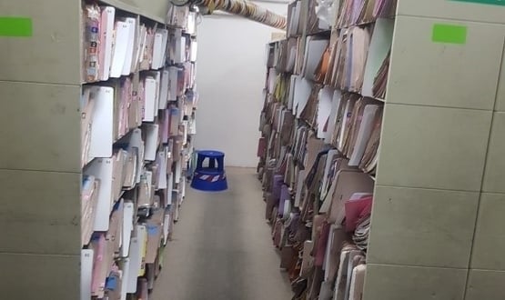 Messy filing cabinets at Saint Mary's Hospital