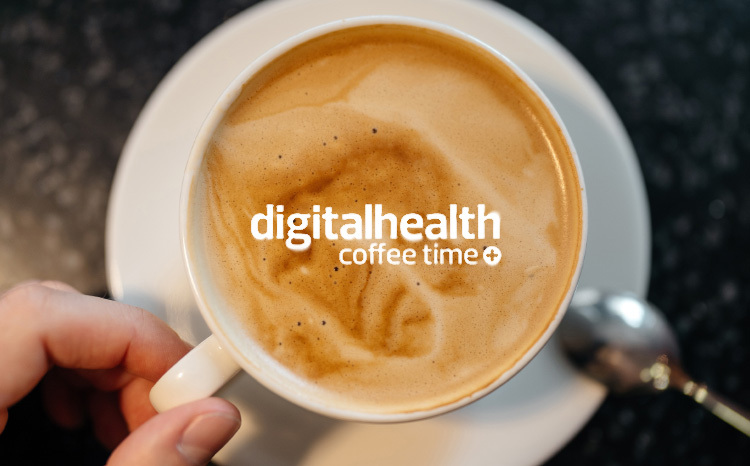 A photo showing a birds-eye view of a cup of coffee, with the words "Digital Health coffee time" in white text overlaid in the foreground